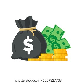 Money Sack with gold coins stack and dollar bills. Vector isolated on white.