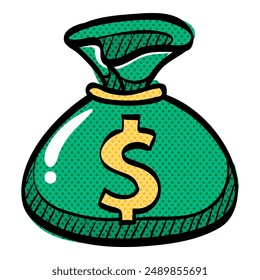 Money sack halftone icon hand drawn color vector illustration