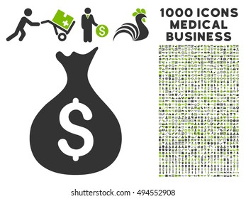 Money Sack icon with 1000 medical commercial eco green and gray vector pictograms. Clipart style is flat bicolor symbols, white background.