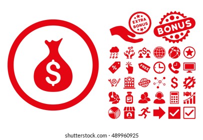 Money Sack icon with bonus elements. Vector illustration style is flat iconic symbols, red color, white background.