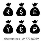 Money sack icon set with dollar, rupee, pound, yen, yuan, euro and ruble symbol. Set of money symbols vector. Popular currency symbol set. Currency icons vector illustration.