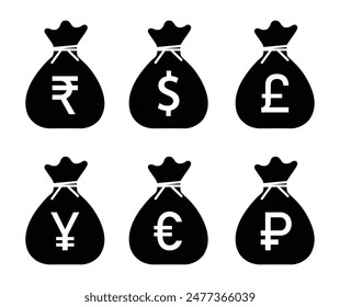 Icono de saco de dinero establecido con dólar, rupia, libra, yen, yuan, euro y rublo símbolo. Conjunto de símbolos de dinero Vector. Conjunto de símbolos de divisa Populares. Ilustración vectorial de iconos de moneda.