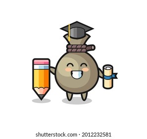 money sack illustration cartoon is graduation with a giant pencil , cute style design for t shirt, sticker, logo element