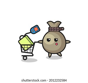 money sack illustration cartoon with a shopping cart , cute style design for t shirt, sticker, logo element