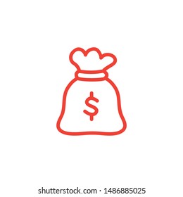 Money Sack Line Red Icon On White Background. Red Flat Style Vector Illustration.
