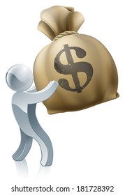Money sack man concept of a silver mascot person holding a big money sack with dollar sign