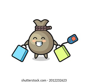 money sack mascot cartoon holding a shopping bag , cute style design for t shirt, sticker, logo element