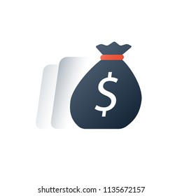 Money sack in motion, quick cash credit, business loan, tax return, income and budget, investment return, financial aid concept, expenses and revenue, vector flat icon