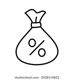 Money sack with percent icon. Big earnings. Bribery. Banking investment deposit. Vector illustration.