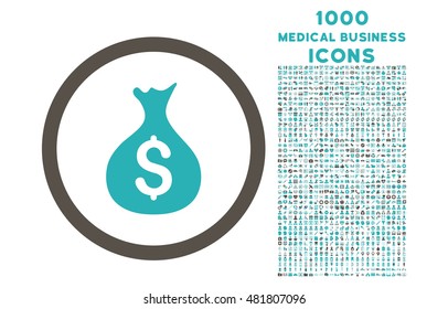 Money Sack rounded vector bicolor icon with 1000 medical business icons. Set style is flat pictograms, grey and cyan colors, white background.