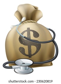 Money sack with a stethoscope wrapped around. Concept for any medical or finance theme like health insurance, financial health, health privatisation or costs etc. 