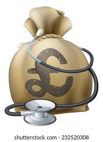 Money sack with a stethoscope wrapped around. Concept for any medical or finance theme like health insurance, financial health, health privatisation or costs etc. 