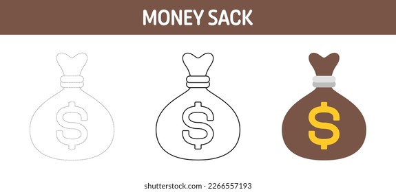 Money Sack tracing and coloring worksheet for kids