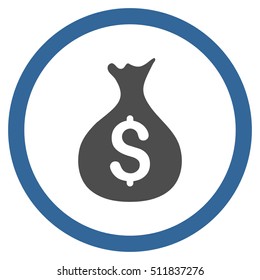 Money Sack vector bicolor rounded icon. Image style is a flat icon symbol inside a circle, cobalt and gray colors, white background.