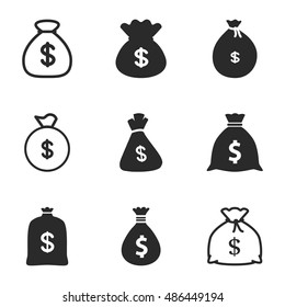 Money sack vector icons. Simple illustration set of 9 money sack elements, editable icons, can be used in logo, UI and web designdescription