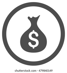 Money Sack vector rounded icon. Image style is a flat icon symbol inside a circle, gray color, white background.