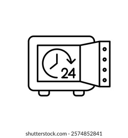 Money safe and 24 hours symbol. Round the clock constant assets security and financial protection. Pixel perfect vector icon