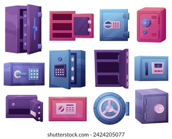 Money safe box. Cartoon vault for jewelry or coins for bank and house. Metal lock cases for safety personal documents, game nowaday vector elements