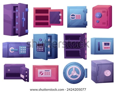 Money safe box. Cartoon vault for jewelry or coins for bank and house. Metal lock cases for safety personal documents, game nowaday vector elements
