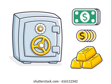 Money safe box, coins and banknotes, gold bars stack. Icons set isolated.
