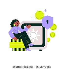 Money safe and coins in flat vector illustration symbolizing digital security, cryptocurrency savings, and online finance, isolated on white background.