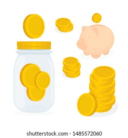 Money safe. Golden coins in glass jar, piggy bank and coins carton style illustrations. Part of set.