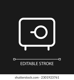 Money safe pixel perfect white linear ui icon for dark theme. Storage for documents and cash. Vector line pictogram. Isolated user interface symbol for night mode. Editable stroke. Arial font used