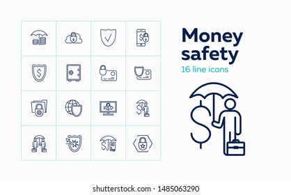 Money safety icons. Set of line icons on white background. Money, banknote, partners, protection. Vector illustration can be used for topics like money, economy, security