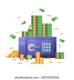 Money safety. Metal safe box with lock case, cartoon gold bars, cash and coins piles. Bank or house vault, financial saving nowaday vector concept