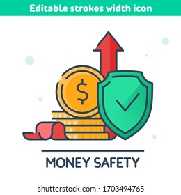 Money safety and protection outline icon. The golden coins hides behind green shield, red growth arrow at the back. The deposits reliability and security, savings care concept vector illustration.
