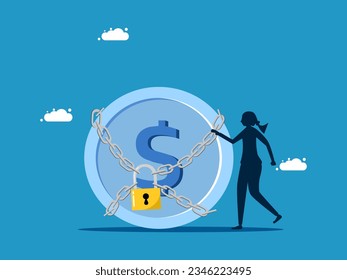 money safety. woman and coin locked by padlock 