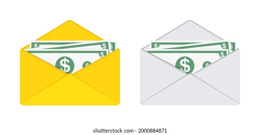 Dinero del salario en sobre. Icono de corrupción, fraude y comisión. Envío de dólares en efectivo para el pago en sobre blanco y amarillo. Billete de regalo por correo. Bono, salario y ganado. Vector.