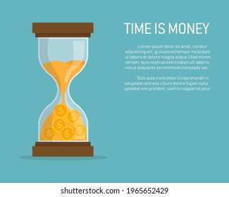 Money in sandglass. time is money concept. Planning and managing time. isolated on blue background. vector illustration in flat style modern design. copy space for text input.