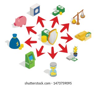 Money save concept banner. Isometric banner of money save vector concept for web, giftcard and postcard