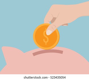 Money Save Concept, Hand Putting Money Coin to Piggy Bank Cartoon Vector Illustration