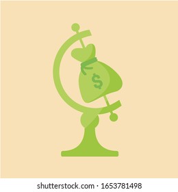 erdschonendes Konzept. Planet mit Dollar-Taschen, kreativ auf der ganzen Welt. Vektorillustration mit flachem Design-Cartoon für Reichtum und Armut krankes Gier-Symbol der Menschheit. Verfolgung von Vermögensbildern