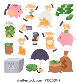 Money save vector symbols capital monetary investment concept finance icons banking safety formation invest loan strategy for profit savings bank illustration