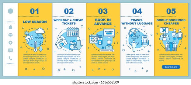 Money saving advice for tourists onboarding vector template. Affordable trip, low cost vacation tips, . Responsive mobile website with icons. Webpage walkthrough step screens. RGB color concept