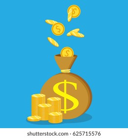 Money saving and money bag concept. Money making. Bank deposit. Financials. Isolated on a background. Flat icon, vector illustration