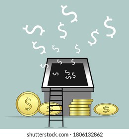 Money saving and money bag icon. Concept of Money like a money bag, stack coins and banknote. Vector illustration in flat style