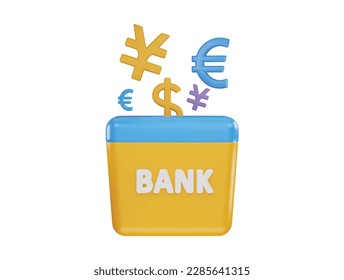 money saving bank with coin , yen and euro icon 3d rendering vector illustration