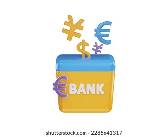 money saving bank with coin , yen and euro icon 3d rendering vector illustration