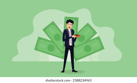 Money saving Banking Young Business man checking Wallet Money Matter Call Taxi booking daily life productive Concept Semi realistic Character Drawing Story board vector flat illustrations line art