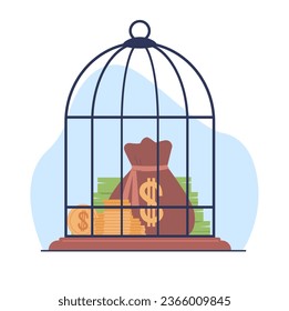 Money saving, bird cage filled with gold coins and banknotes. investment and insurance. Put income and cash on deposit. Locked cash. Cartoon flat isolated illustration. Vector limitation concept