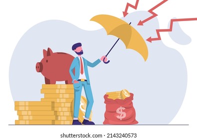 Money saving. A businessman with an umbrella protects his money
