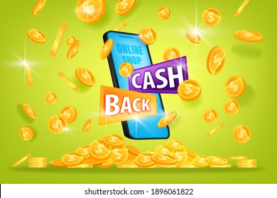 Money saving, cash back offer vector banner with coin pile, smartphone on green background. Bonus online shopping reward background, finance concept with flying gold. Cash back program 3D illustration