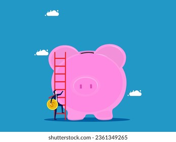 Money saving challenge. businessman holding a coin climbs a ladder to drop into a piggy bank