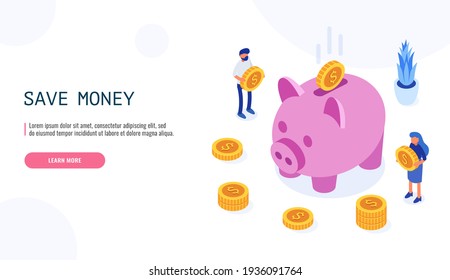 Money saving concept. Big piggy bank and people are standing beside. Isometric web banner. Vector illustration.