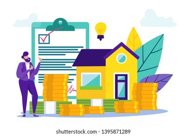 Money Saving Concept for Buying Home. Signed Contract. Man with Contract. Credit Project. Buying Home. Vector Illustration. Сoin and Banknote. Сash Savings. Buying House on Credit. Modern House.