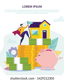 Money Saving Concept for Buying Home. Achieving Goal Buying Home. Man with Flag. Movement Towards Goal. Credit Project Illustration. Сoin and Banknote. Goal Achievement. White Background and Logo.